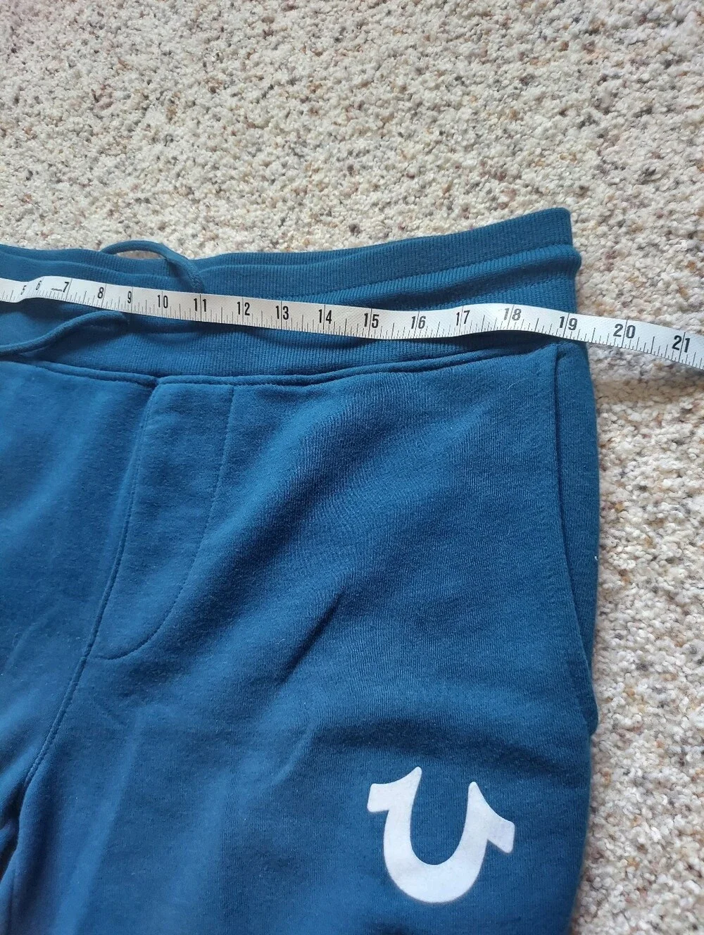 NWOT True Religion Horseshoe Logo Fleece Cotton Shorts Turquoise Blue Large